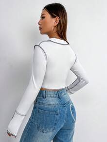 SHEIN Unity 針織t恤,外縫線和收攏條紋造型 - 白色 - 查看 2