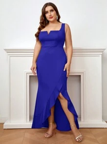 SHEIN Belle Kích thước lớn Của phụ nữ Ruffled Hem Tách cao Đầm - Xanh đậm - Xem 1