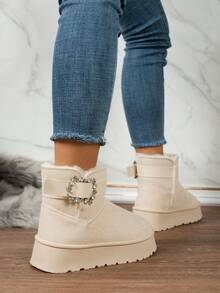 女式帶扣設計內墊毛滑冰鞋,圓頭粗底冬季雪地靴,米白色,適合日常穿著和通勤 - 米色 - 查看 3