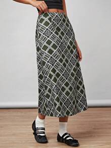 Forever 21 Của phụ nữ Retro Họa tiết Lưới Đơn giản Váy chữ A , Cao đẳng Gió - xanh quân đội - Xem 3