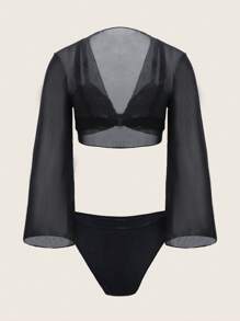 SHEIN Swim Ladies' Solid Color Bikini Set Summer - Black - View 4