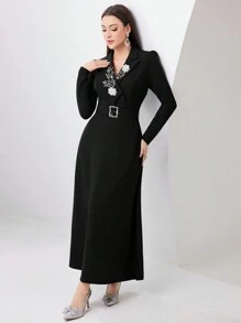 Modelyn Women's Long Sleeve Modest Dress With 3d Floral Decoration, Elegant Evening Party Maxi Modest Dress Black Blazer Dresssuit Dressbusiness Dress Long Evening Dresses - Black - View 8