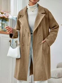 EURMUSE Women's Notched Collar Double Breasted Overcoat - Camel - View 6
