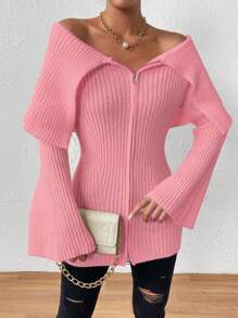 Chiquease 無肩摺疊拉鍊針織外套 - 淺粉色 - 查看 5