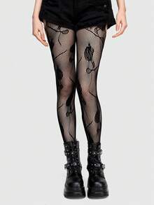 Goth 1條黑色玫瑰圖案吊帶連褲襪 - 黑色 - 查看 4