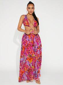 SHEIN SXY 女款深v領植物圖案印花鏤空腰高開衩洋裝