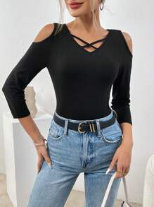 SHEIN Essnce Quý cô Lạnh vai Dây đeo Trang trí Áo thun - màu đen - Xem 3
