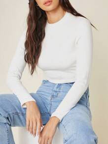 SHEIN BASICS 純色圓領長袖短款t恤 - 白色 - 查看 4