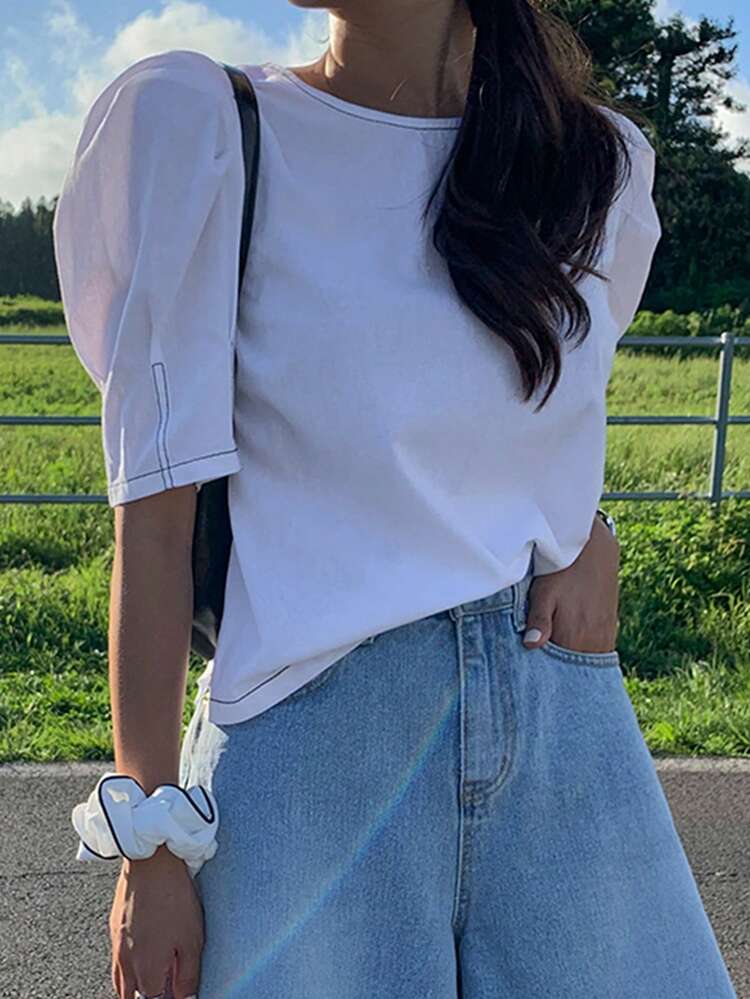 Puff Sleeve T-Shirt With Visible Seam For Women Sheer Preppy Tops