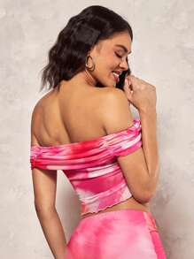 SHEIN BAE Open Shoulder Cropped Mesh Top With Lettuce Hem - Multicolor - View 4