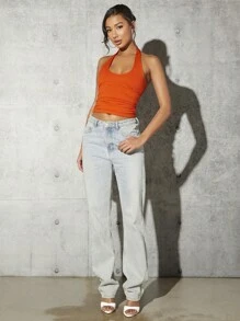SHEIN BAE 女款橘紅色掛脖背心上衣，夏季休閒夜間沙灘外搭，可愛短版上衣，圖案印花T恤，不對稱設計祭典可愛T恤 - 橘色 - 查看 3