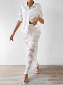 SHEIN VCAY Women'S Elegant Lace Two Piece Set - White - View 1