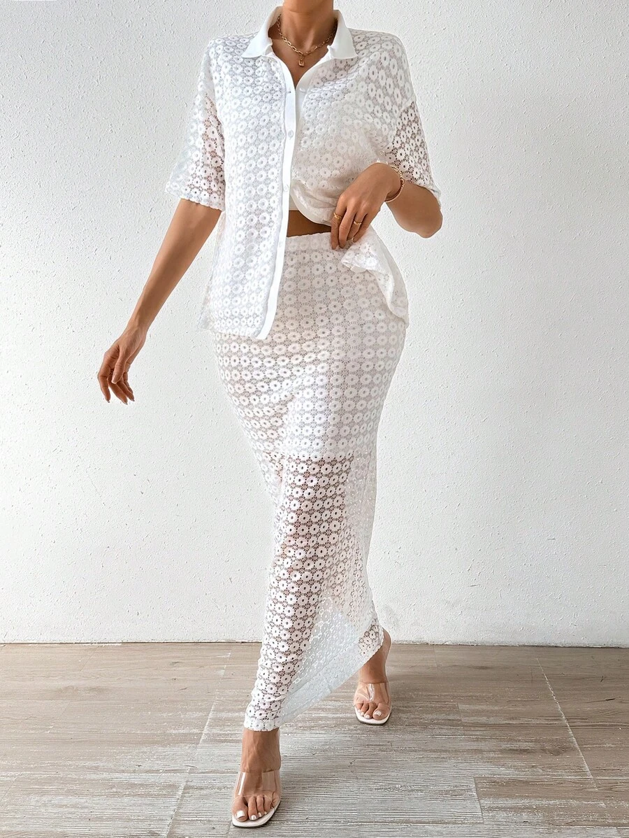 SHEIN VCAY Women'S Elegant Lace Two Piece Set - White - View 1