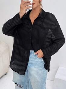 SHEIN Essnce Summer Women's Plus Size Casual Vacation Loose Sun Protection Black Work Top Shirt - Black - View 2