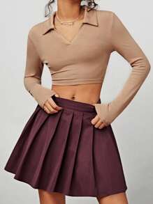 Forever 21 Women's Vintage College Style 2pcs Set: Turn Down Collar Simple Top & Pleated Skirt - Burgundy - View 5