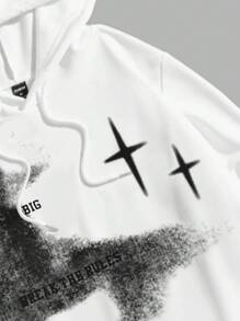 ROMWE MEN Street Life Men's Casual Letter Printed Drawstring Hoodie - White - View 3