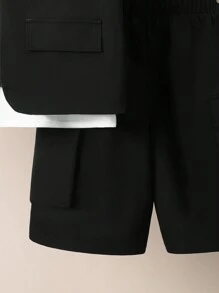 3 件/套 男生寬鬆休閒梭織實用背心、t 恤和短褲套裝 - 黑色 - 查看 12