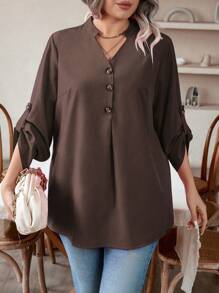 EMERY ROSE Plus Size Solid Color Rolled Sleeve Shirt Fall Cloth For Women - Coffee Brown - View 6