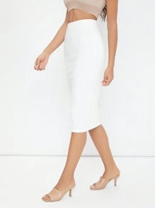 SHEIN BASICS 素色鉛筆半身裙 - 白色 - 查看 5
