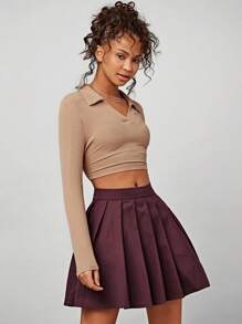 Forever 21 Women's Vintage College Style 2pcs Set: Turn Down Collar Simple Top & Pleated Skirt - Burgundy - View 2