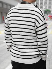 Manfinity Hypemode Men's Stripe Casual Fashionable Sweater With Turn-down Collar - White - View 2