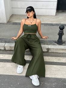 SHEIN EZwear 女性加大碼綠色針織背心和公用廣腿褲二件套裝 - 軍綠色 - 查看 3