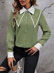 SHEIN Frenchy 女士對比色法式復古襯衫 - 綠色 - 查看 3