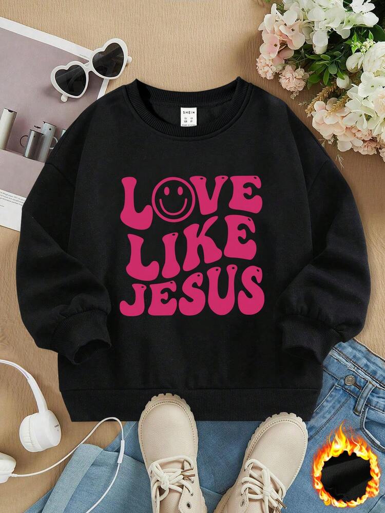 1pc Tween Girls' Logo Printed Thermal Lined Basic Round Neck Sweatshirt For Fall/Winter Mommy And Me Matching (2 Pieces Are Sold Separately)