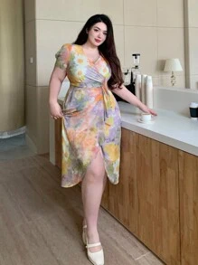 Dazy Plus Plus Size Elegant Floral Wrap Dress With Ruffle Hem Sundress Vacation Cruise Outfit For Women - Multicolor - View 3