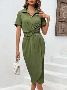 SHEIN Privé 女式十字交叉細節短袖襯衫連衣裙 - 軍綠色 - 查看 6