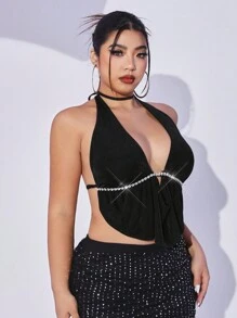 SHEIN ICON Tops De Verano Y2k Para Salir, Tamaño Grande Tops Sin Espalda Negro Creyones Con Decoración De Pedrería