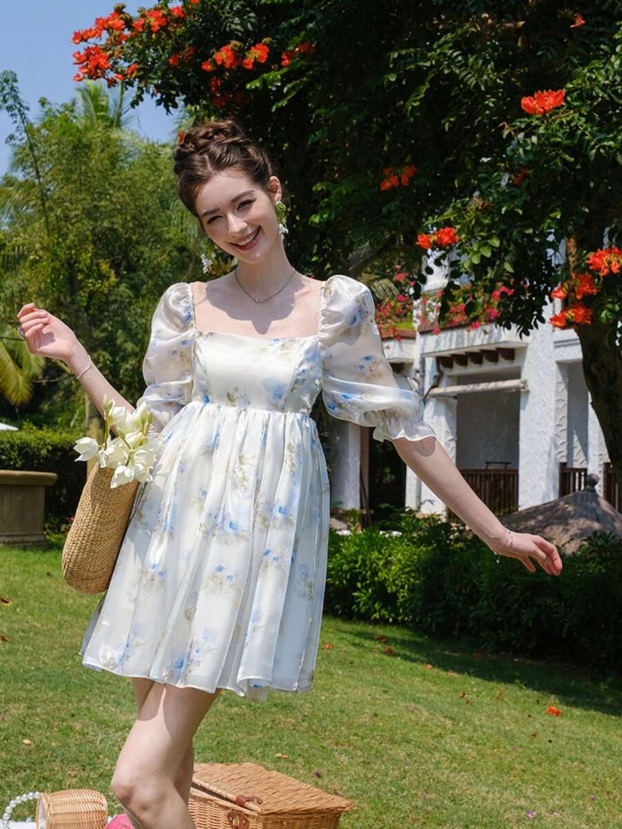 Women's Floral Printed Puff Sleeve Dress - White - View 1