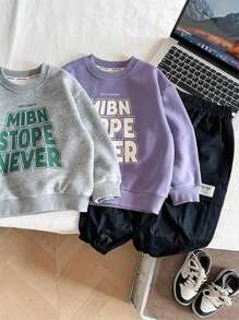 Boy's Casual Slogan Print Crew Neck Long Sleeve Sweatshirt - Violet Purple - View 3
