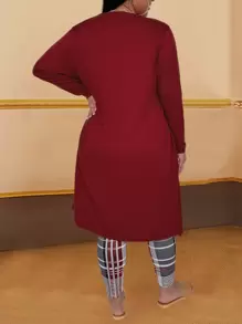 Inoviana 3pcs Plus Size Women Autumn Outfit Set: Coat, Cropped Tank Top And Plaid Leggings Fall Cloth For Women - Burgundy - View 2