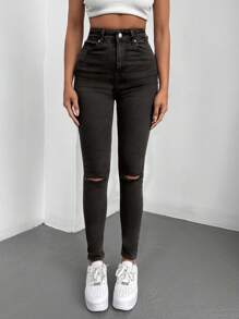 Cottnline Women'S Slim Fit Distressed Jeans - Dark Grey - View 3