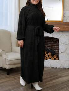 SHEIN Frenchy Plus Size Button Decorated Long Sleeve Belted Dress Elegant Style  All Black - Black - View 3