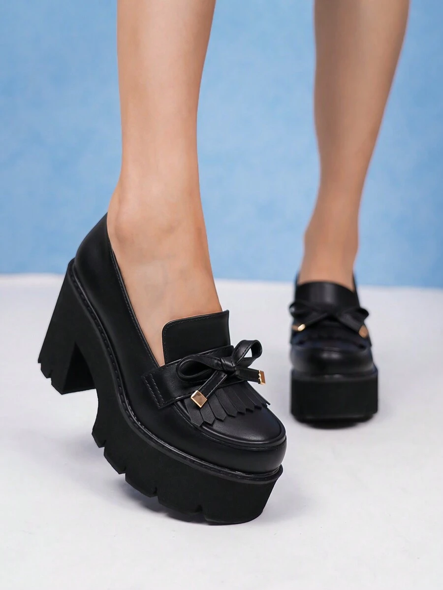 Zapatos de plataforma con tacón de cuña gruesa para mujer con lazo, impermeables, punta redonda y tacón ancho en color negro