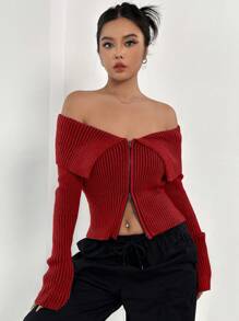 SHEIN EZwear 純色露肩前拉鍊針織開襟外套 - 酒紅色 - 查看 4