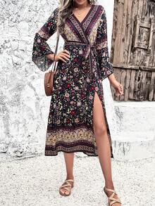 V領連衣裙,v型胸衣帶和劃分腰部,具有高開叉設計 - 黑色 - 查看 6