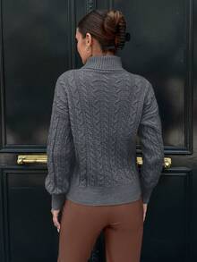 高領插針編織毛衣 - 灰色 - 查看 2