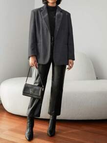 EURMUSE Women'S Wide Shoulder Woolen Coat With Single Button Closure - Black - View 4