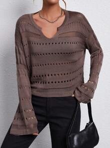 Chiquease Jersey De Punto De Color Liso Para Mujer Con Diseño Calado Y Escote Con Muescas