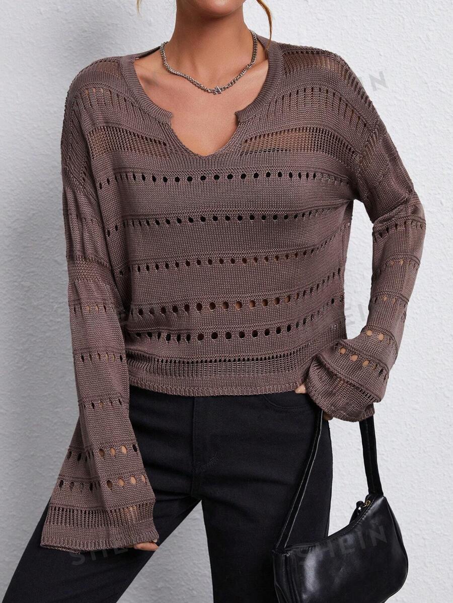 Chiquease Jersey De Punto De Color Liso Para Mujer Con Diseño Calado Y Escote Con Muescas