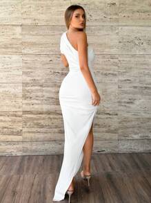 Zolique One Shoulder Ruched Split Thigh Dress Maxi Women Outfit - White - View 2