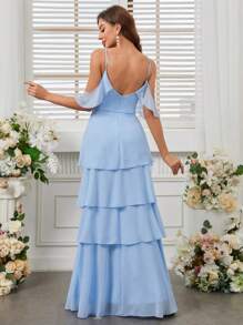 SHEIN Belle 綁帶吊帶成人伴娘服，V領，荷葉邊和層疊裙擺 - 淺藍色 - 查看 3