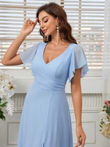 SHEIN Belle Elegant Women's Early Spring Wedding Season Soft Light Blue Elegant Chiffon Lotus Leaf Floating Sleeves Discounted High Waist High Slit Umbrella Hem Bridesmaid Dress - Blue - View 3