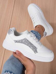 Fall/Winter Women'S Casual Sneakers With Glittering Decoration, White, Simple Sports Shoes For Students