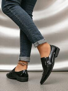 少年光澤壓花尖頭牛津鞋,英式設計 - 黑色 - 查看 2