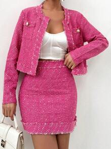 SHEIN Cottnline Fringe Trimmed Boucle Jacket And Skirt Set - Pink - View 3