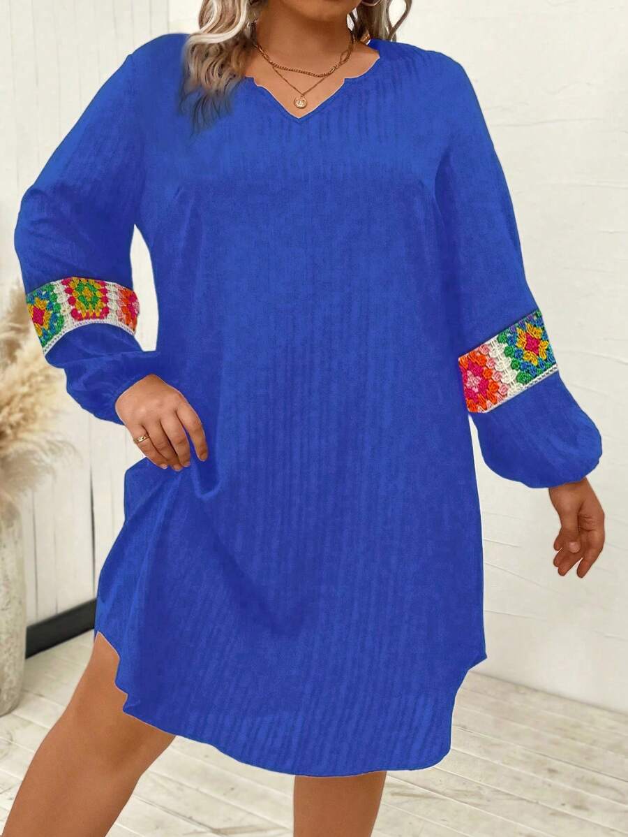 SHEIN LUNE Plus Size Women's Crochet Flower Patchwork Dress - Blue - View 1